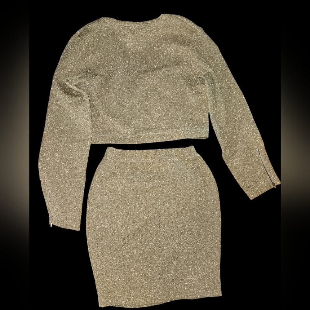 Algorquns Sparkle Stretch Two-Piece Crop Top & Skirt Set in Champagne Gold - Picture 2 of 5
